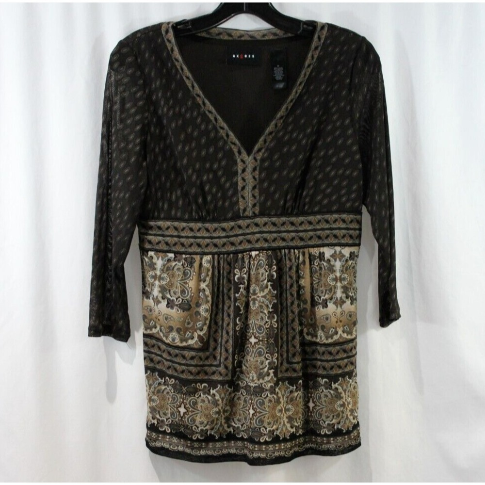 Axcess Womens Brown 3/4 Sleeve V Neck Y2K Blouse M